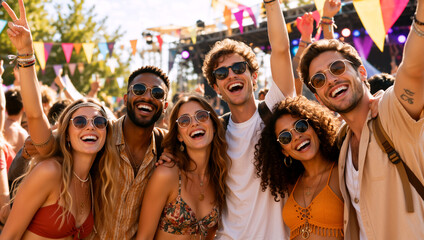 Fototapeta premium Group of diverse young friends cheering at an outdoor music festival. Happy people celebrating and dancing at a summer concert