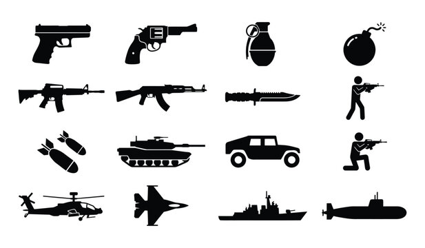 Black Silhouette Military Weapons Vehicles and Soldiers Icon Set Isolated on White Background