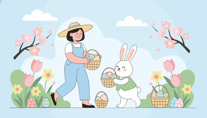 Fototapeta premium Cute Easter illustration of a young girl and a friendly bunny collecting colorful decorated eggs in flower garden.