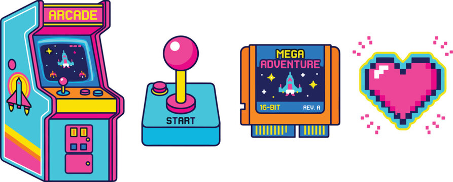 Retro Gaming and Arcade Vector Icon Set with Vintage Cabinet Joystick Controller 16-Bit Cartridge and Pixel Art Heart for Nostalgic Video Game Designs