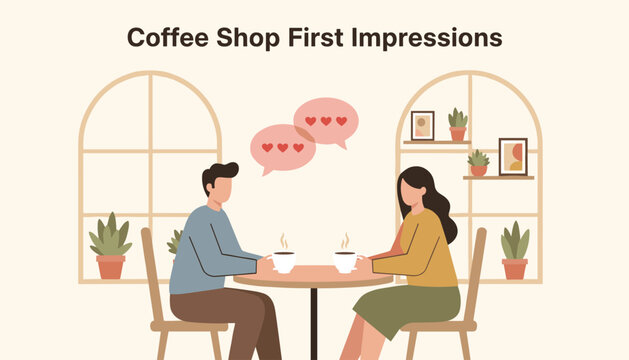 Young man and woman sharing a romantic conversation on their first date at a cozy neighborhood coffee shop.