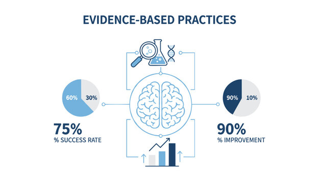 Medical infographic of evidence-based practices with statistical charts, human brain, and scientific research icons.