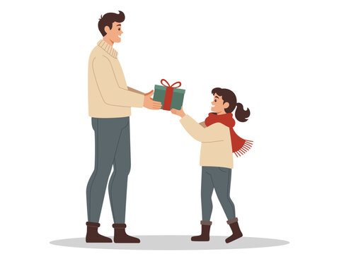 A father gives a gift to his beautiful daughter on Christmas day vector