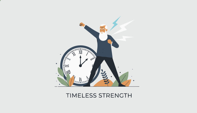 Active senior man demonstrating timeless strength and physical fitness with a boxing pose next to a vintage clock.