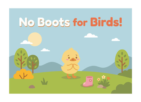 Cute confused duckling looking at lost pink rain boot vector children book cover design