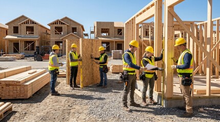 Fototapeta premium Construction Crew Framing New Housing Development Under Morning Sun