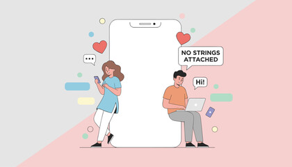 Obraz premium Young couple using mobile phone and laptop for casual online dating under no strings attached terms.