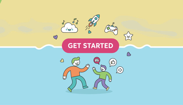Colorful gaming startup banner with jumping characters and get started button for online entertainment.