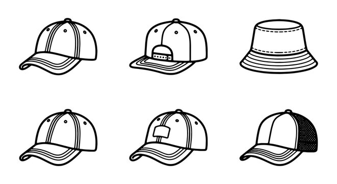 Baseball Caps and Bucket Hats Vector Icons Set, Headwear Collection, Sportswear Accessories
