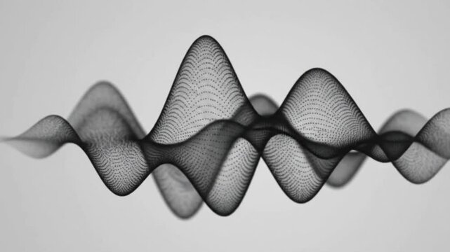 Monochromatic abstract digital artwork featuring  black spheric waveform like shape flow