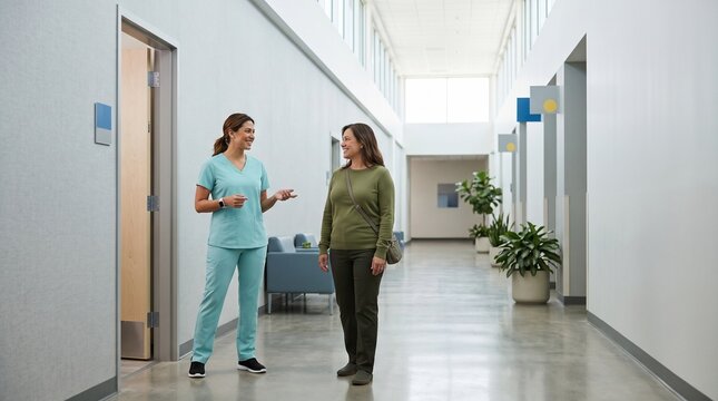 Calm hospital arrival scene for routine preventive screening visit