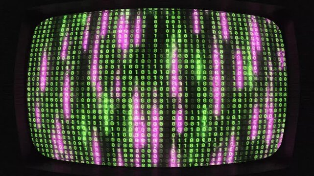 Green and pink binary code displayed on CRT monitor.