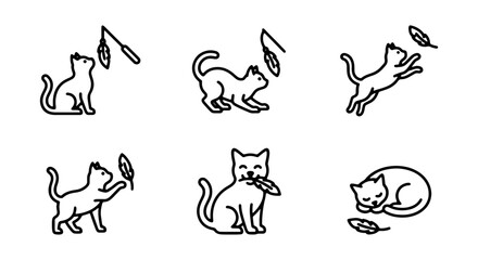 Obraz premium Playful Cat Icons, 6 Vector Graphics Set: Cute Feline Actions, Feather Toy, Sleeping Cat