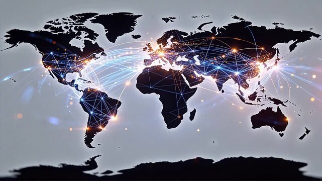 World map outline with glowing orange blue points and interconnecting network lines