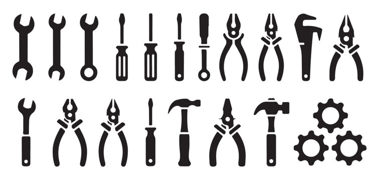 Industrial hand tools collection vector icon set with wrenches pliers and screwdrivers.