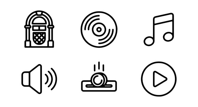 Retro Music Icons Set: Jukebox, Vinyl Record, Note, Speaker, Coin Slot, Play Button