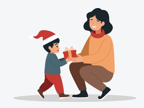 A boy gets a gift on Christmas from his mother