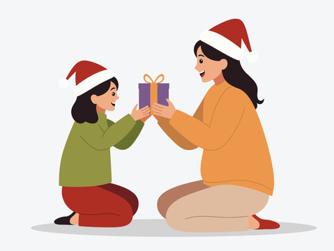 Mother is giving Christmas gift to her cute daughter
