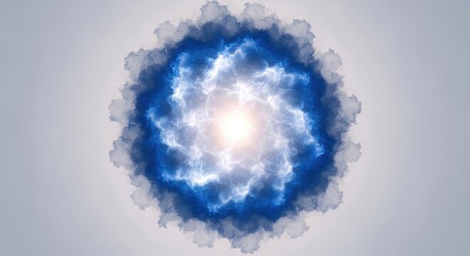 Vibrant blue and white abstract glowing orb on gray background