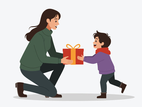 Mother is giving Christmas presents to her cute son