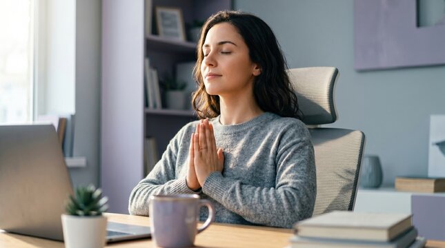 Inspiring image of a missy individual meditating at a desk with a laptop, highlighting the significance of mental health practices in daily work routines for overall well-being.