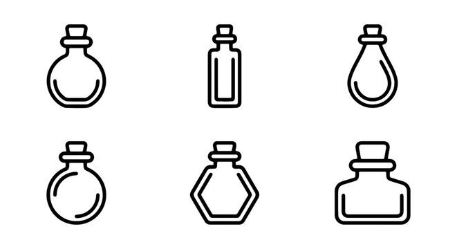 Set of 6 Outline Potion Bottles, Vintage Apothecary Jars, Alchemist Elixir Vials, Minimalist Liquid Containers