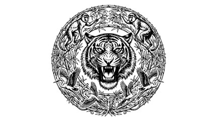 tiger head illustration, roaring tiger, jungle animals, bamboo frame, monkeys birds, wildlife crest, circular animal art, black and white tiger, wild cat engraving, nature mandala, hand drawn outline  © ahmed