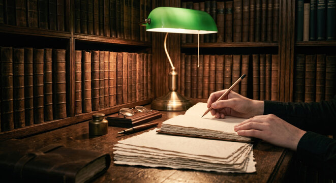Hands writing on textured paper at a wooden desk illuminated by a classic green banker lamp, surrounded by shelves of vintage books in a scholarly setting.