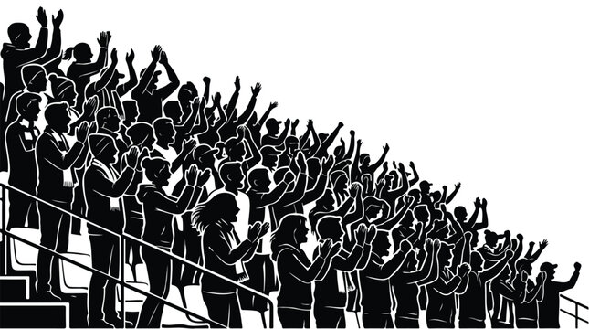 Cheering crowd silhouette in stadium bleachers, cheering fans applauding at sports event, black and white audience vector illustration