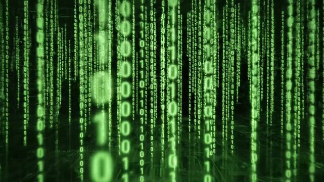 Green binary code falling over dark circuit board background