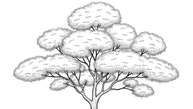 An illustration depicts a tree with many branches and leaves standing alone in a field.