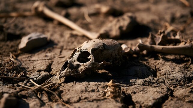 Sun bleached bones rest on cracked dusty ground under harsh dramatic light