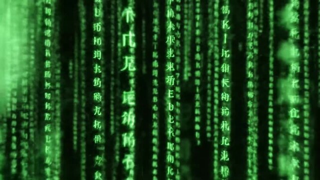 Green digital code falling on a dark background stream.