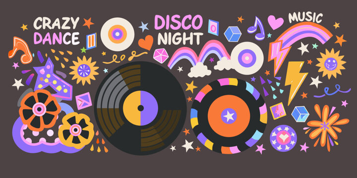 Retro disco themed floral ornament and record collection vector illustration
