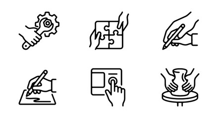 Fototapeta premium Creative Process Icons: Hands Engaged in Crafting, Building, and Artistry, Set of 6 Vector Graphics for Design and Development