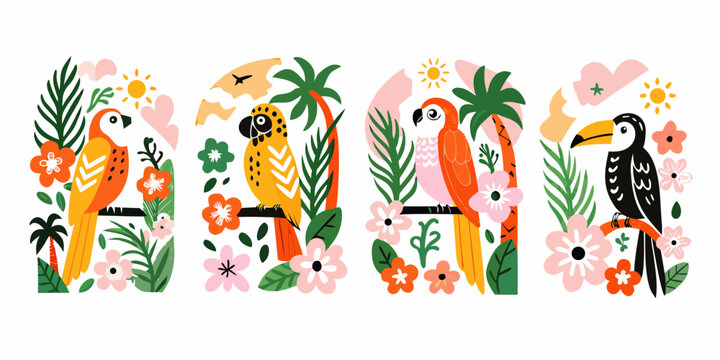 Tropical birds and foliage vector illustration with floral ornament