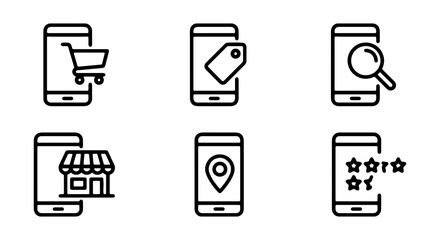 Fototapeta premium Mobile Commerce Icons Set: Shopping Cart, Tag, Search, Storefront, Location Pin, Ratings, Vector Graphics for Online Business and Digital Marketing