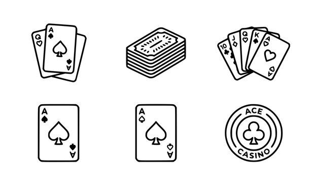 Minimal Playing Card Outline Icons with Flat Line Casino Vector Set