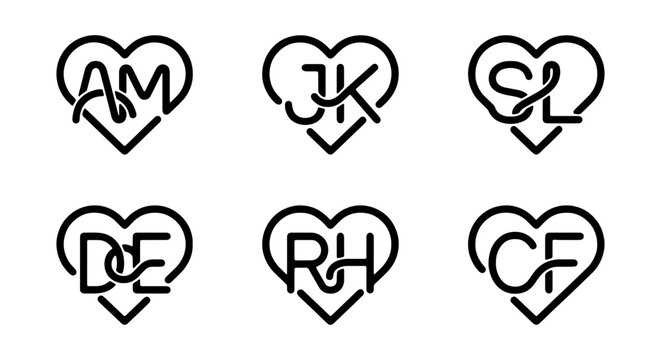 Monogram Heart Vector Icons, Elegant Initials in Romantic Symbols, Love Knot Letter Graphics, Wedding and Anniversary Design Elements, Black and White Typography Set