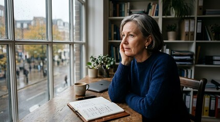 Fototapeta premium Thoughtful Mature Woman Sitting at Wooden Desk and Looking Out Window on Rainy Day