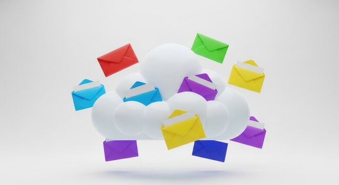 Colorful emails flying out of a cloud storage