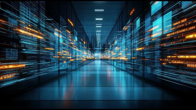 Seamless Loop Infinite Cloud Computing Data Center Corridor with Intelligent Resource Allocation Streams, Futuristic Enterprise Infrastructure, High-Performance AI Processing.