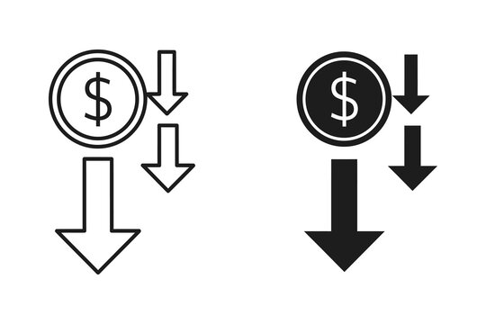 Dollar coin with down arrows, flat vector illustration