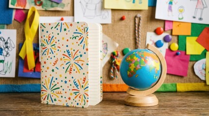 Fototapeta premium Colorful Classroom Supplies and Educational Decorations on Bulletin Board.