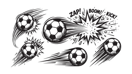 Soccer ball comic book style action elements with explosions and text © MD