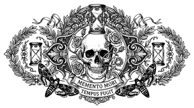 memento mori, skull illustration, hourglass art, vanitas skull, death and time, rose skull, moth butterfly, black and white engraving, vintage skull, tempus fugit, dark art illustration, symbolic cres