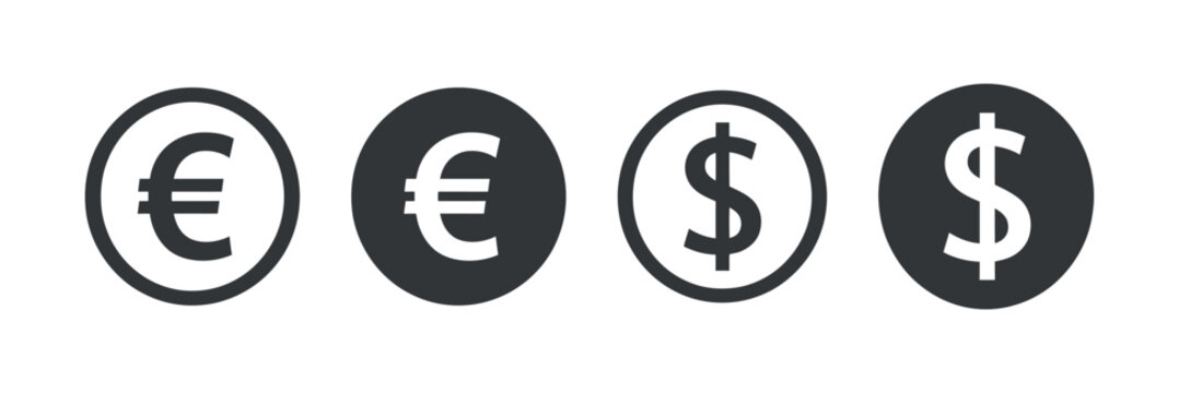 Currency Icons Featuring Euro And Dollar Symbols Flat Vector Style