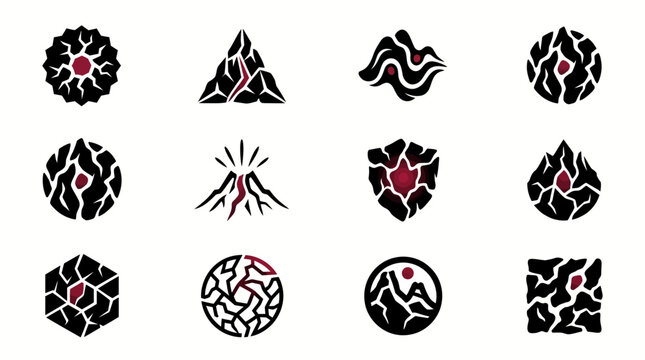 A collection of twelve abstract graphic icons featuring black shapes with red accents and cracked textures, including a volcano and various geometric and organic forms.