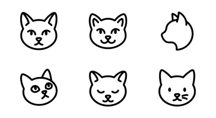 Fototapeta premium Cute Cat Faces Vector Icons, Simple Line Art Pet Emoticons, Whimsical Feline Expressions Set