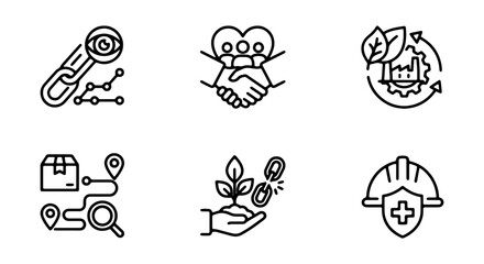 Obraz premium Business Icons Set: Partnership, Sustainability, Logistics, Growth, Safety, Technology